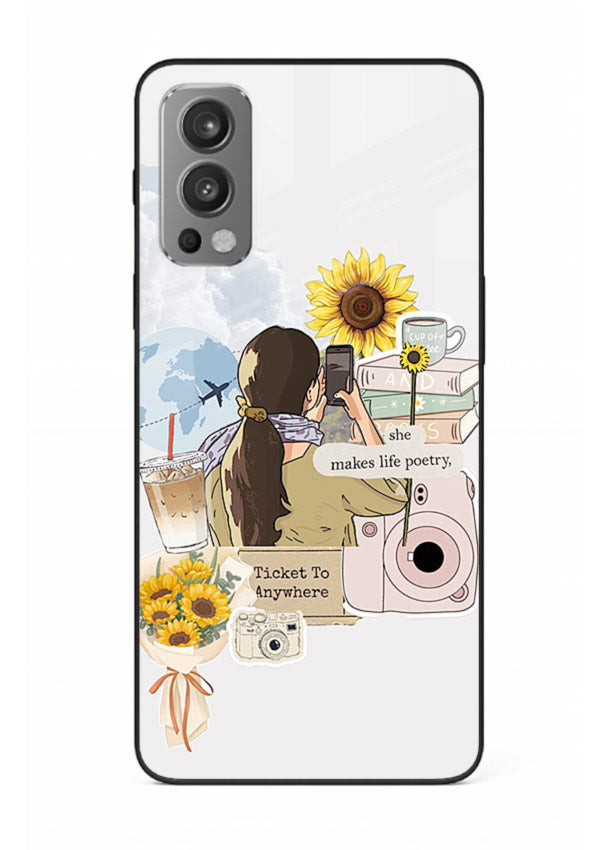 Pastel floral happiness quote printed on OnePlus Nord 2 glass back cover with cheerful tones.