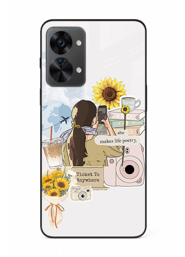 Pastel floral happiness quote printed on OnePlus Nord 2T glass back cover with cheerful tones.