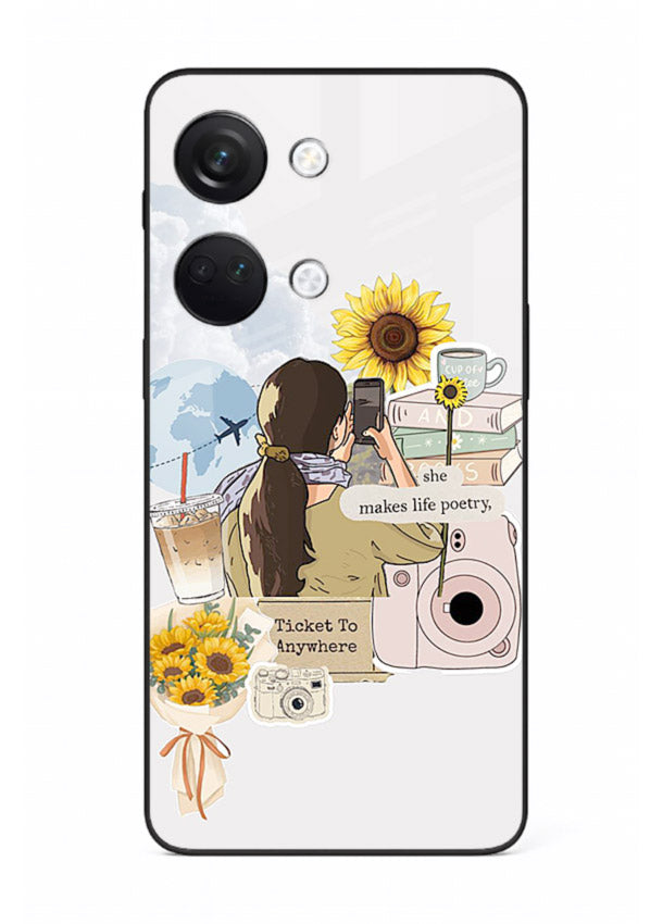 Pastel floral happiness quote printed on OnePlus Nord 3 glass back cover with cheerful tones.
