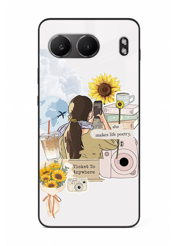 Pastel floral happiness quote printed on OnePlus Nord 4 glass back cover with cheerful tones.