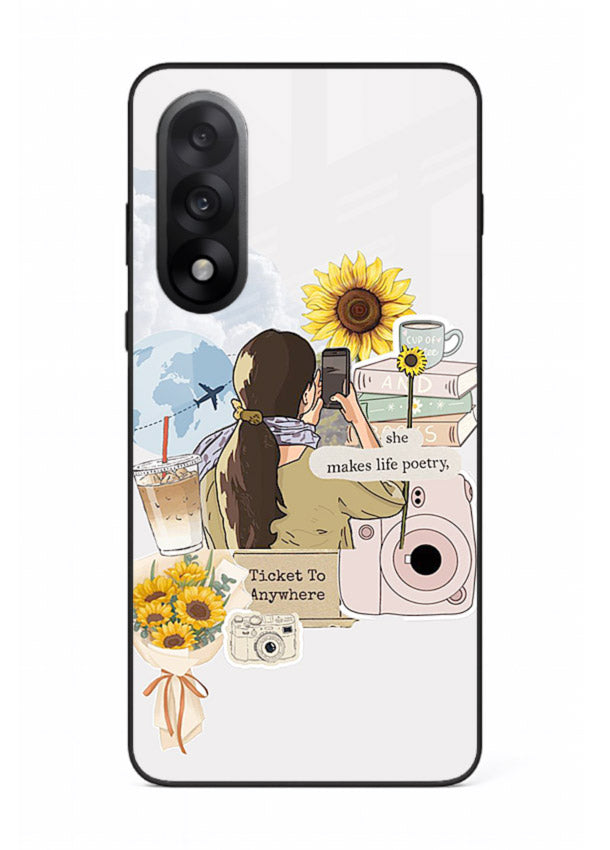 Pastel floral happiness quote printed on OnePlus Nord 5 glass back cover with cheerful tones.