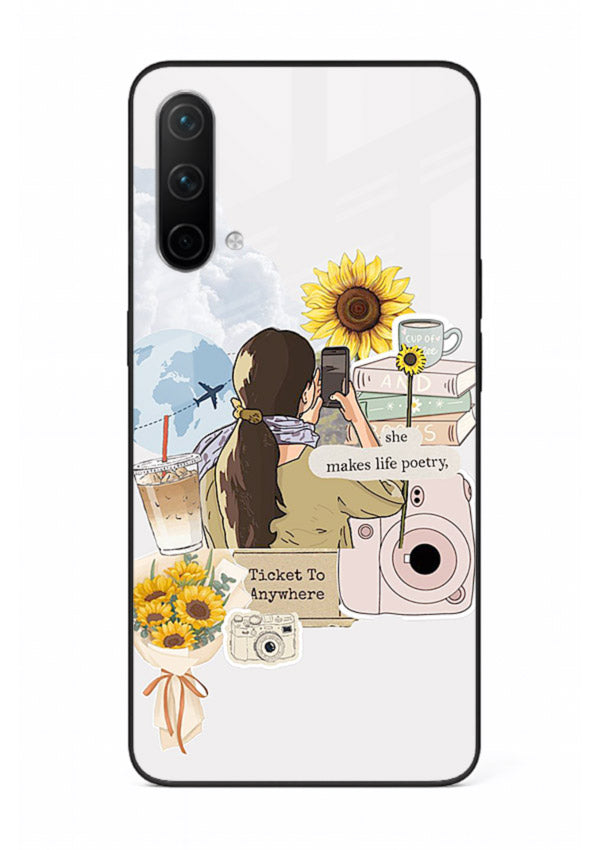Pastel floral happiness quote printed on OnePlus Nord CE 5G glass back cover with cheerful tones.