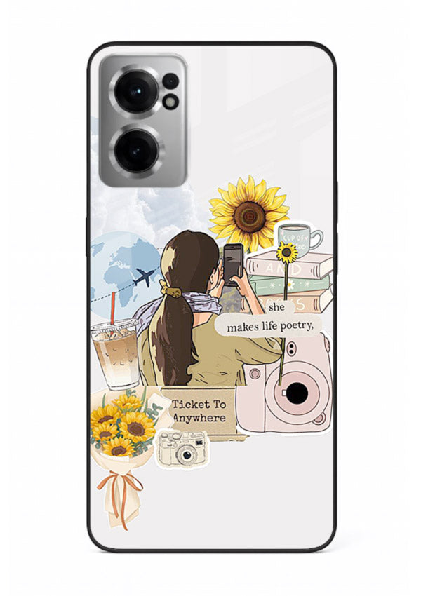 Pastel floral happiness quote printed on OnePlus Nord CE2 5G glass back cover with cheerful tones.
