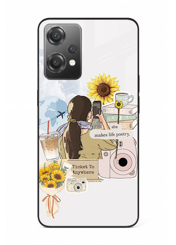 Pastel floral happiness quote printed on OnePlus Nord CE2 Lite 5G glass back cover with cheerful tones.