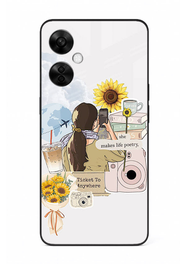 Pastel floral happiness quote printed on OnePlus Nord CE3 Lite glass back cover with cheerful tones.
