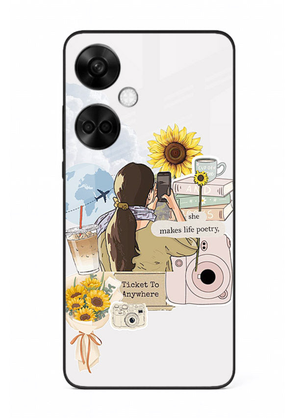 Pastel floral happiness quote printed on OnePlus Nord CE3 glass back cover with cheerful tones.