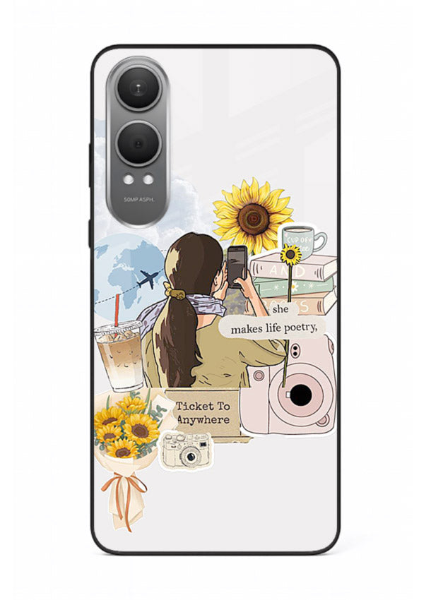 Pastel floral happiness quote printed on OnePlus Nord CE4 Lite glass back cover with cheerful tones.