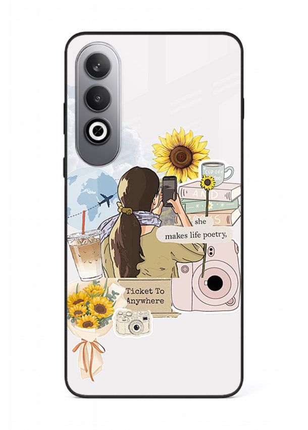 Pastel floral happiness quote printed on OnePlus Nord CE4 glass back cover with cheerful tones.