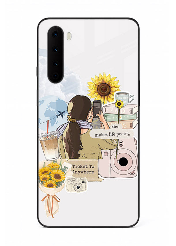 Pastel floral happiness quote printed on OnePlus Nord glass back cover with cheerful tones.