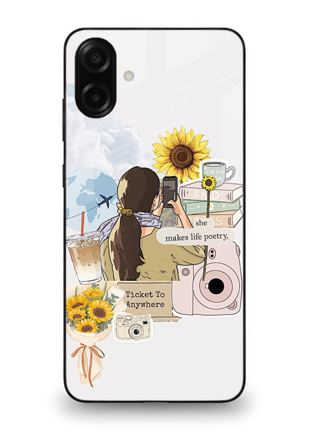 Pastel floral happiness quote printed on Samsung A06 5G glass back cover with cheerful tones.