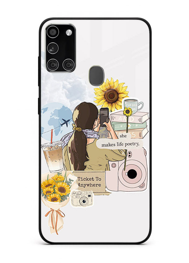 Pastel floral happiness quote printed on Samsung A21s glass back cover with cheerful tones.