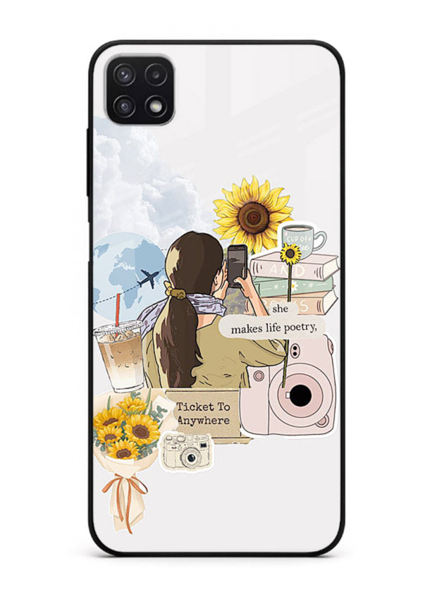 Pastel floral happiness quote printed on Samsung A22 5G glass back cover with cheerful tones.