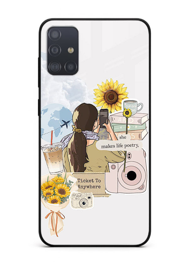 Pastel floral happiness quote printed on Samsung A51 glass back cover with cheerful tones.