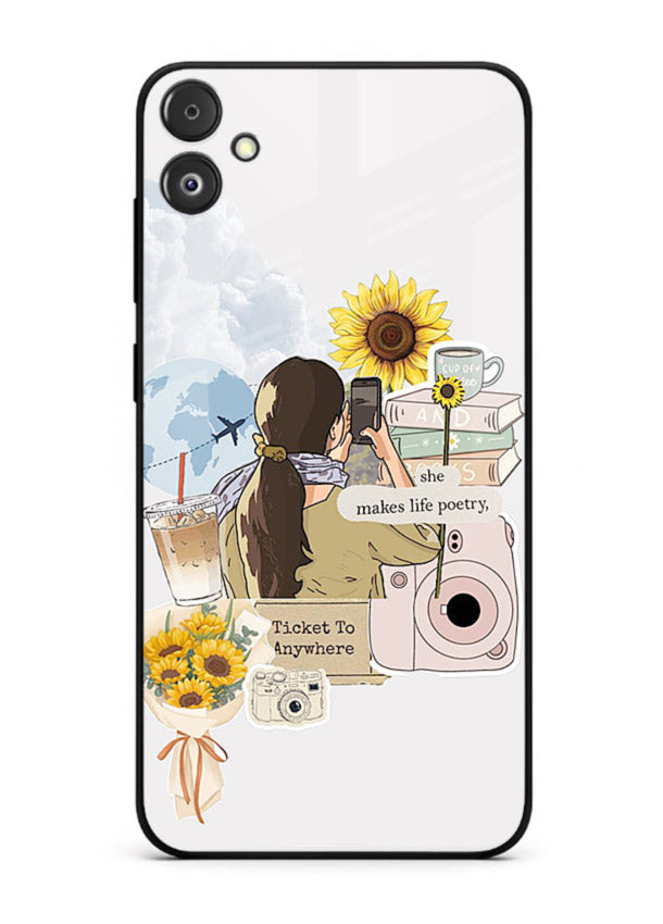 Pastel floral happiness quote printed on Samsung F14 5G glass back cover with cheerful tones.
