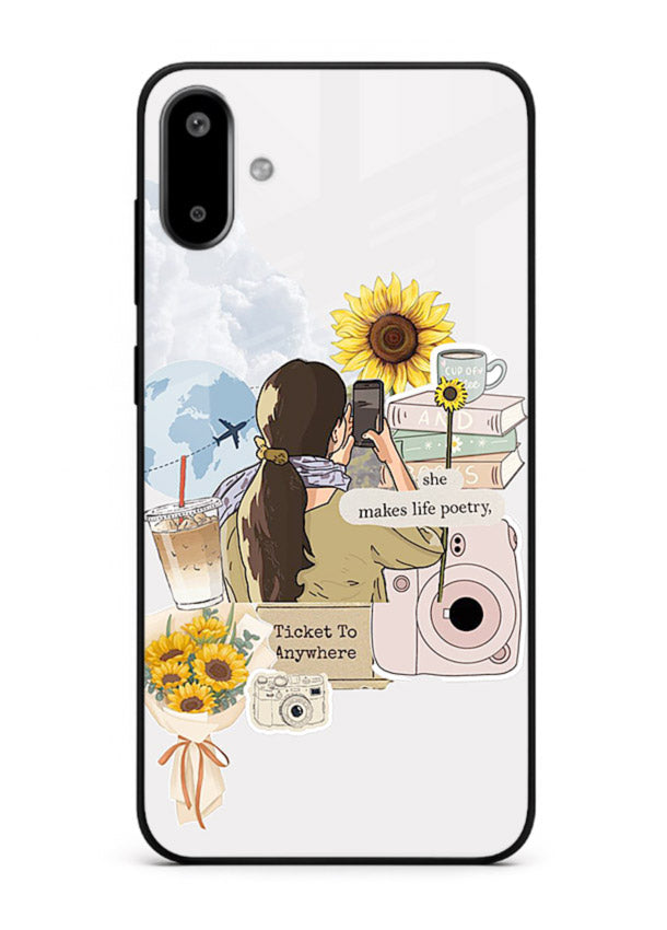 Pastel floral happiness quote printed on Samsung F06 5G glass back cover with cheerful tones.