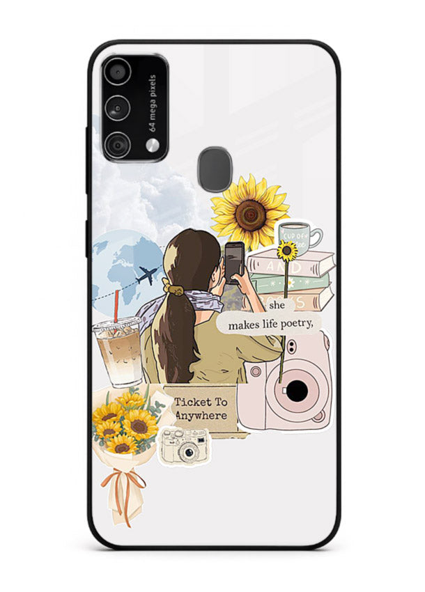 Pastel floral happiness quote printed on Samsung F41 glass back cover with cheerful tones.