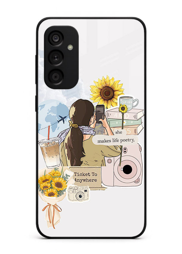 Pastel floral happiness quote printed on Samsung M15 5G glass back cover with cheerful tones.