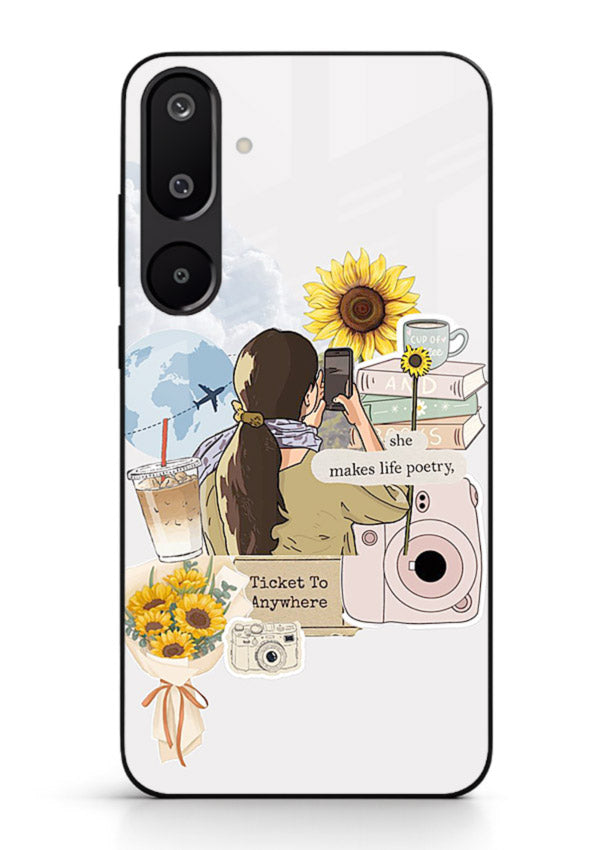 Pastel floral happiness quote printed on Samsung M16 5G glass back cover with cheerful tones.