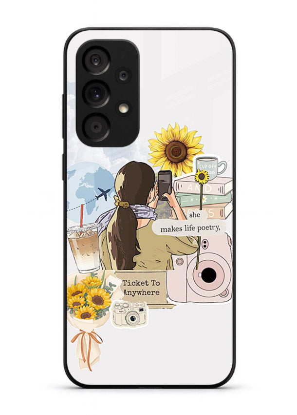 Pastel floral happiness quote printed on Samsung M32 5G glass back cover with cheerful tones.