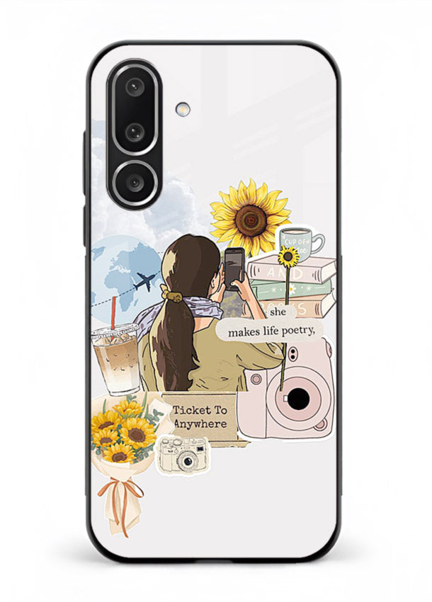 Pastel floral happiness quote printed on Samsung M56 5G glass back cover with cheerful tones.