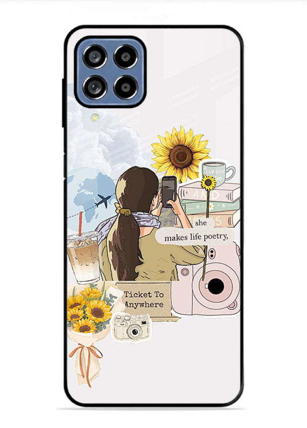 Pastel floral happiness quote printed on Samsung M33 5G glass back cover with cheerful tones.