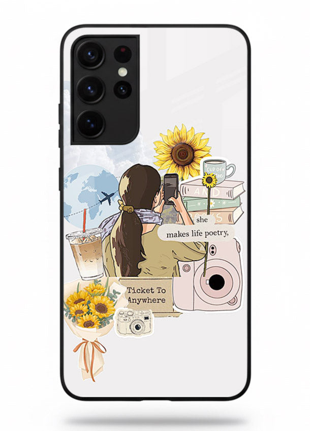 Pastel floral happiness quote printed on Samsung S21 Ultra glass back cover with cheerful tones.