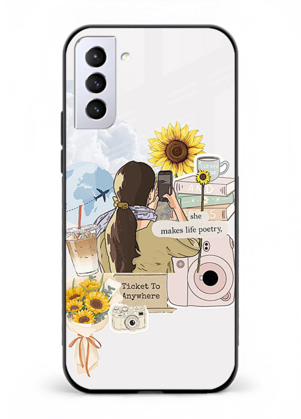Pastel floral happiness quote printed on Samsung S21 FE glass back cover with cheerful tones.