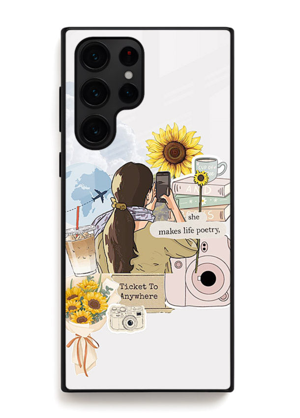 Pastel floral happiness quote printed on Samsung S24 Ultra glass back cover with cheerful tones.