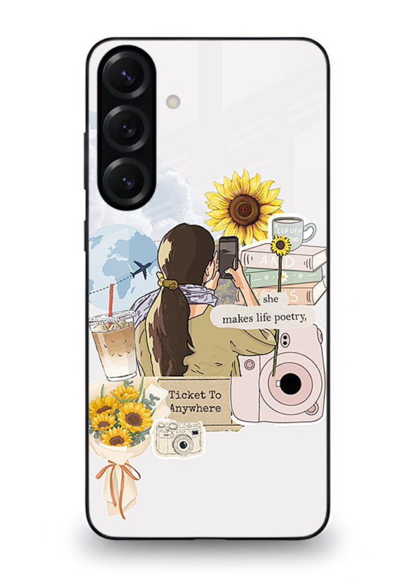 Pastel floral happiness quote printed on Samsung A16 5G glass back cover with cheerful tones.