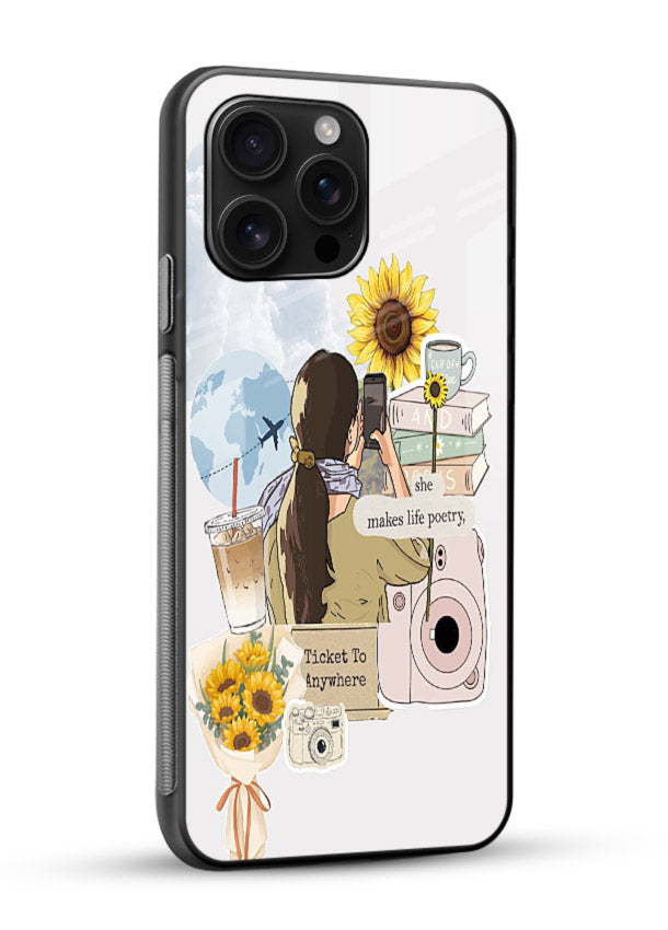 Pastel floral happiness quote printed on glossy vibrant premium glass back cover with cheerful tones. - Angle Side