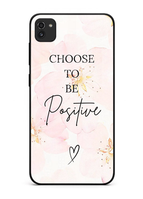Blush floral motivational artwork printed on Samsung A03 glass back cover in soft tones.