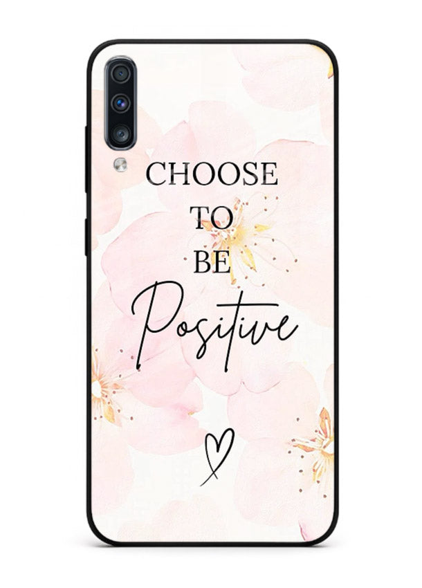 Blush floral motivational artwork printed on Samsung A70 glass back cover in soft tones.