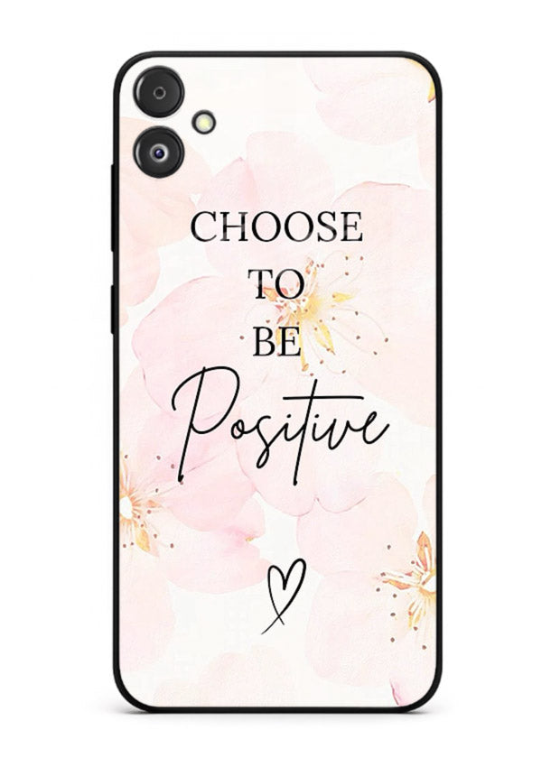 Blush floral motivational artwork printed on Samsung F05 5G glass back cover in soft tones.