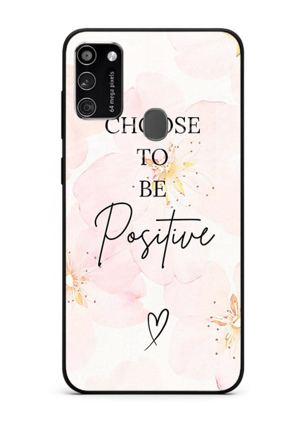 Blush floral motivational artwork printed on Samsung M21 glass back cover in soft tones.