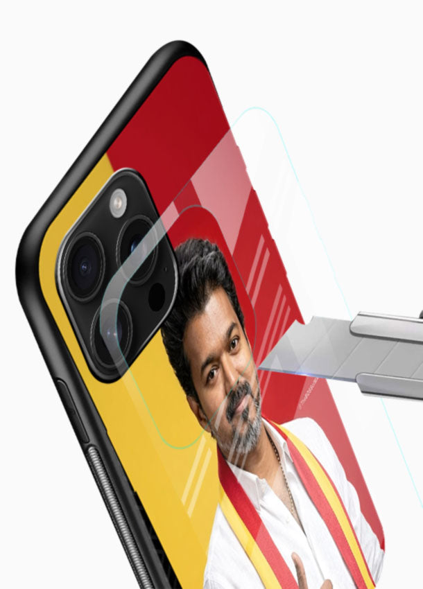 Traditional Attire Portrait of Vijay Thalapathy glass back cover with yellow and red backdrop design - 4