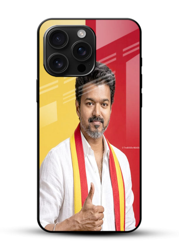 Traditional Attire Portrait of Vijay Thalapathy glass back cover with yellow and red backdrop design - 1