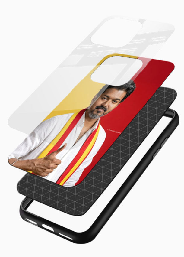 Traditional Attire Portrait of Vijay Thalapathy glass back cover with yellow and red backdrop design - 3