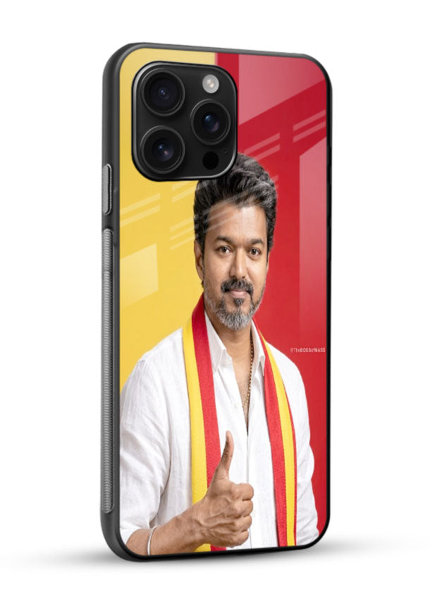 Traditional Attire Portrait of Vijay Thalapathy glass back cover with yellow and red backdrop design - 2