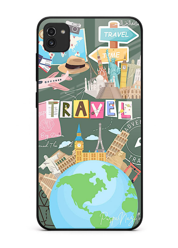 Colorful Travel Collage sticker artwork Samsung A03 glass back cover