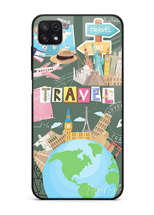 Colorful Travel Collage sticker artwork Samsung A22 5G glass back cover