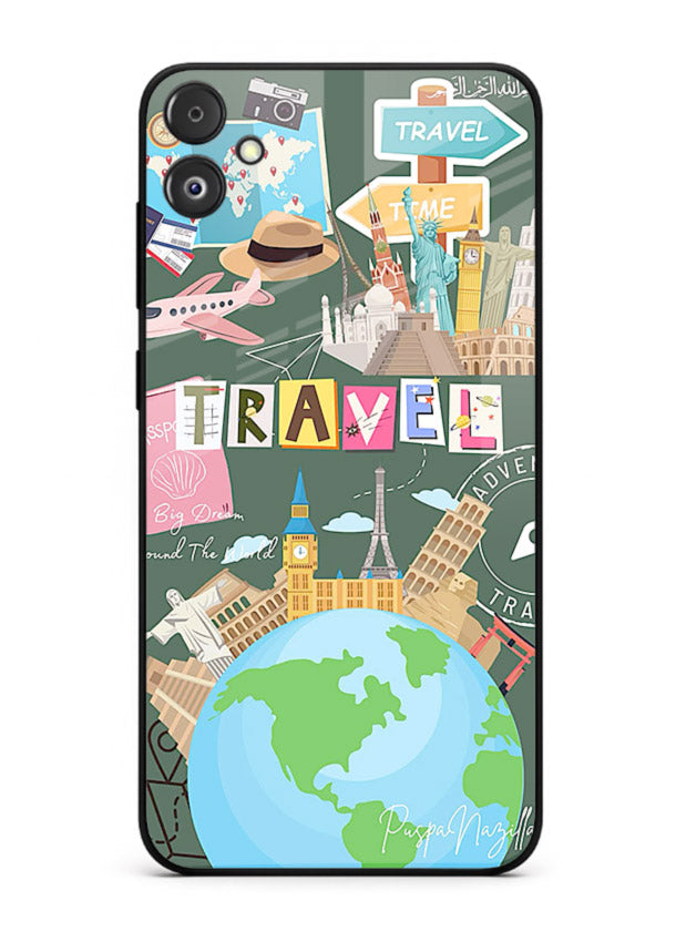 Colorful Travel Collage sticker artwork Samsung A04e glass back cover