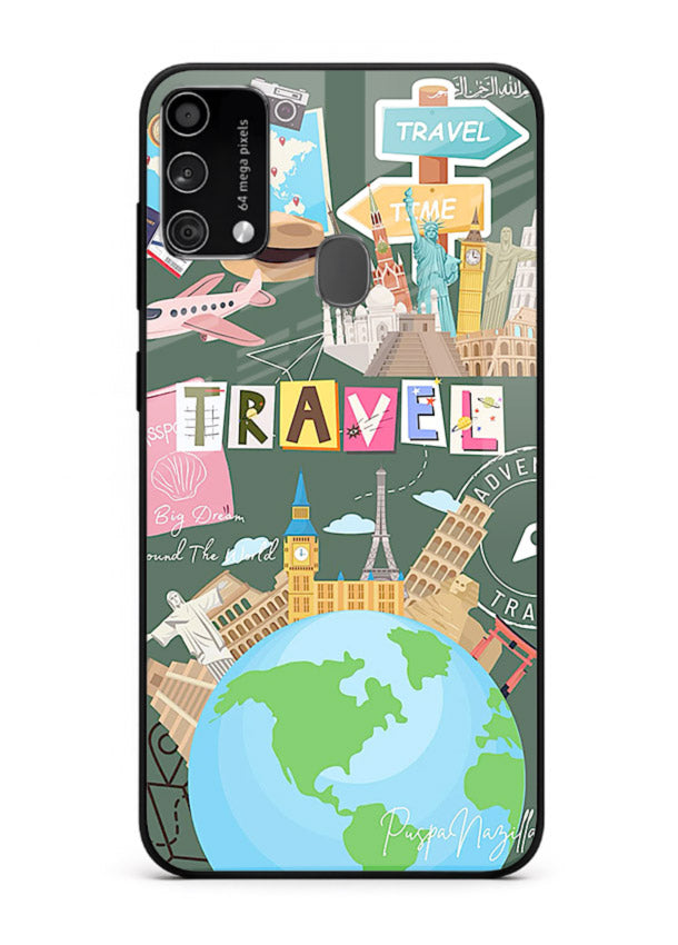 Colorful Travel Collage sticker artwork Samsung F41 glass back cover