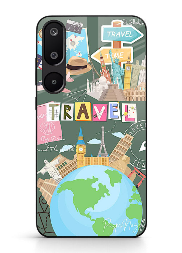 Colorful Travel Collage sticker artwork Samsung M16 5G glass back cover