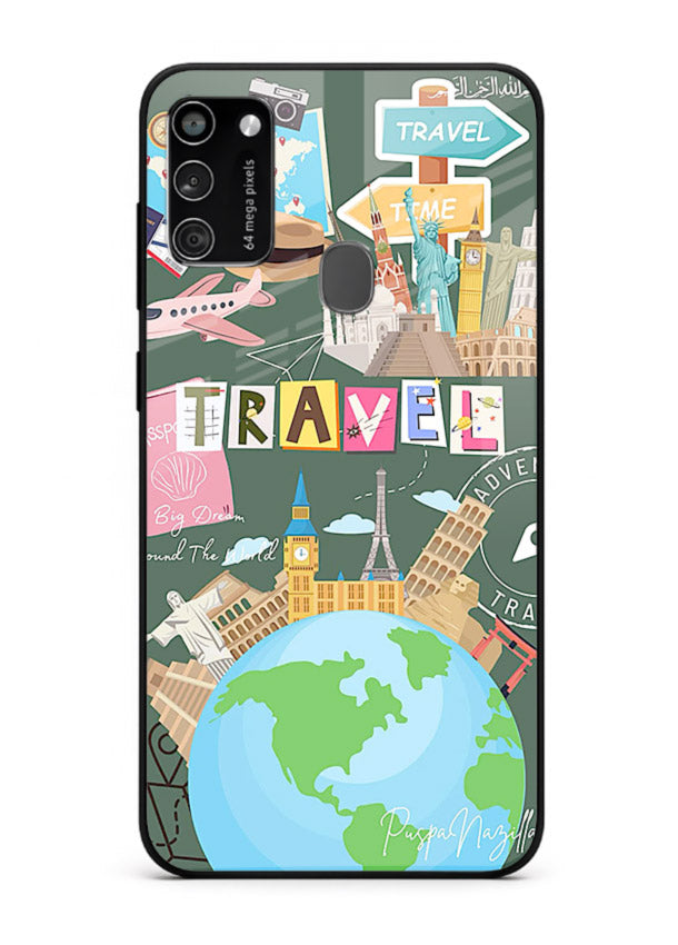 Colorful Travel Collage sticker artwork Samsung M21 glass back cover