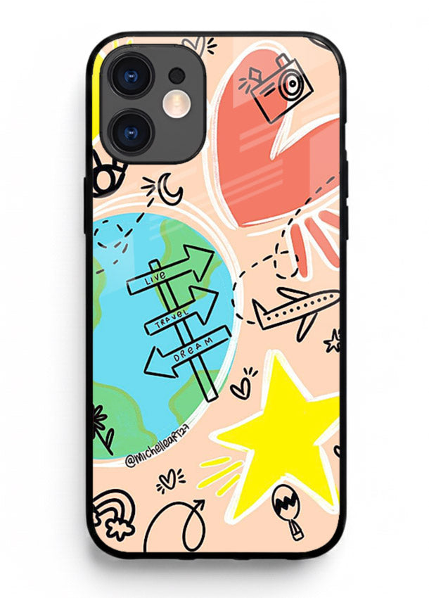 Colorful Travel Doodles sketch artwork iphone 12 mini glass back cover