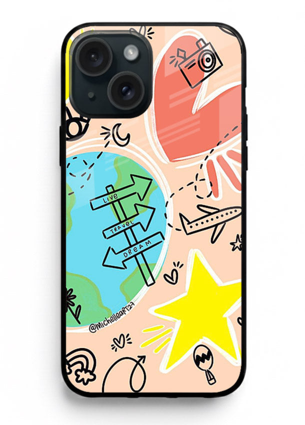 Colorful Travel Doodles sketch artwork iphone 13 mini glass back cover