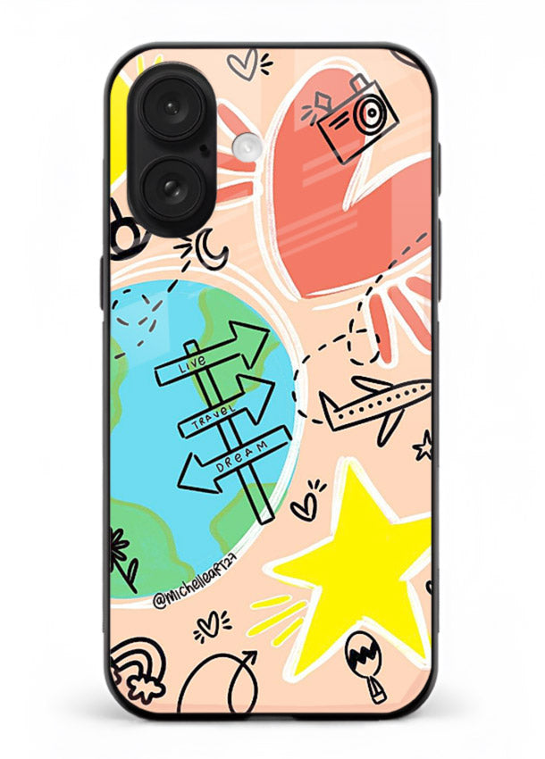 Colorful Travel Doodles sketch artwork iphone 16 glass back cover