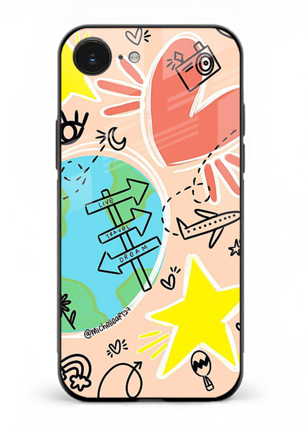 Colorful Travel Doodles sketch artwork iphone 16e glass back cover