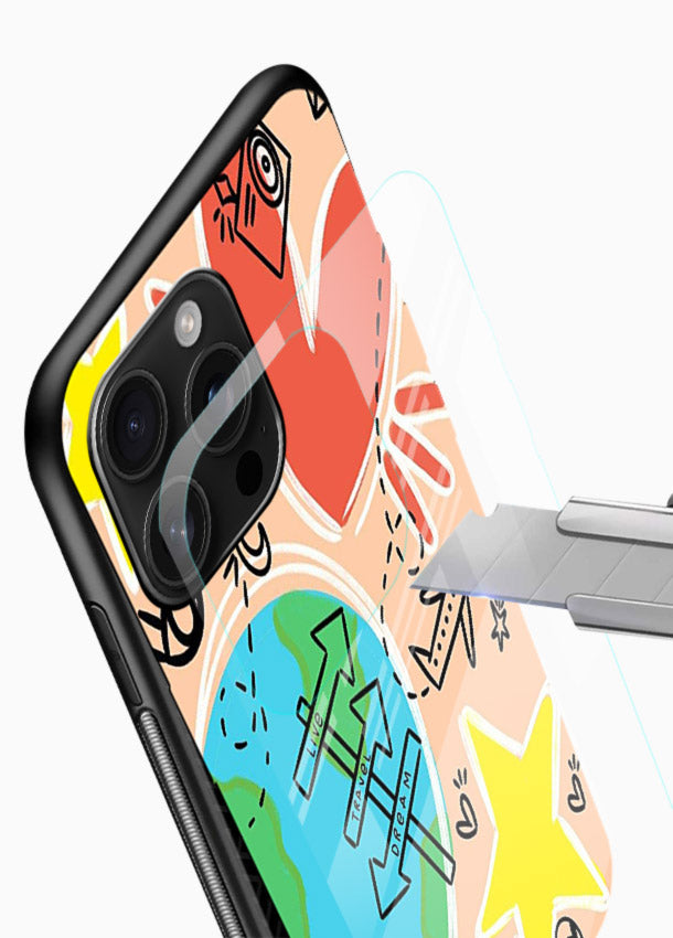 Colorful Travel Doodles sketch artwork glossy vibrant premium glass back cover - Angle Blade