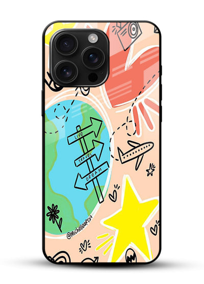 Colorful Travel Doodles sketch artwork glossy vibrant premium glass back cover - Angle Front